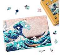 Figured'Art Puzzle de Madera para Adultos y Niños, Rompecabezas de 200 Piezas - La Gran Ola de Kanagawa por Hokusai - Diseño Original 31,2x22 cm, Caja de Madera Premium, Regalar