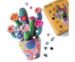Figured'Art Puzzle de Madera para Adultos y Niños, Rompecabezas de 200 Piezas - Maceta de Cactus Floreciente - Diseño Original 25,4x35,5 cm, Caja de Madera Premium, Regalar