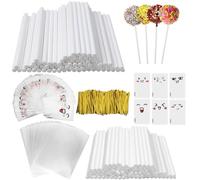 FIHODONE Lollipop Palitos Set, 200 Piezas Palos para Cake Pops de Papel, Cake Pop Sticks Calidad Alimentaria, Palitos de Papel con 200 Bolsas para Chuches y 200 Cordón Dorado, para Hacer Postre