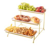 Fiita Bandeja de Servir de 3 Niveles para Suministros de Fiesta, Platos de plástico de 35 x 29 cm para Alimentos, bandejas Reutilizables Blancas con Soporte de exhibición de Metal Negro para bufés