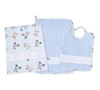Filet - Juego de guardería de 3 piezas bordadas | bolsa, babero y toalla de rizo cielo | Inserto de tela Aida para personalizar | Made in Italy, estampado de perros y lunares azules
