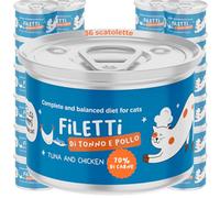 Filetes de atún y pollo | Alimento húmedo para gatos completo | Receta natural y sin cereales rica en proteínas y omega 3 y 6 | con aceite de salmón y caldo delicado | 36 x 70 g Made in Italy | Hygge