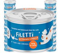 Filetes de atún y pollo | Alimento húmedo para gatos completo | Receta natural y sin cereales rica en proteínas y omega 3 y 6 | con aceite de salmón y caldo delicado | 18 x 70 g Made in Italy | Hygge