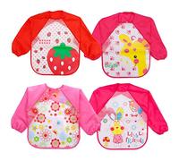 FILOWA Baberos Bebe Impermeables con Mangas, 4 Piezas Babero Manga Larga EVA Delantal Guarderia Pintura Comida para Niñas 6 a 36 Meses, Rosa (Fresa, Flor, Conejo, Jirafa)