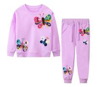 FILOWA Chándal Conjunto Niña Infantil Algodon Mangas Largas Sudadera y Pantalon Deporte Completo Mariposa Bordado Jogging Set Moda Ropa Primavera Otoño Traje Para Niños 5-6 Años, Morado