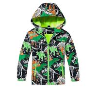 FILOWA Chubasquero Impermeable para Niño Chaqueta con Forro Polar Capucha Lluvia Abrigo Dinosaurio Estampado Prueba de Viento Cazadora Cálido Camping Escuela Impermeable Ropa para 7-8 años, Verde