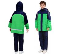 FILOWA Impermeable Chubasquero Niño Chaqueta Lluvia & Pantalones Traje con Capucha y Bolsa Portátil Impermeable Traje de Lluvia Conjunto Ligero Primavera Días Lluviosos Abrigos para 13-14 años, Verde
