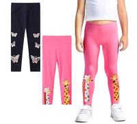 FILOWA Leggings Niña Algodón Elásticos Pantalones 2-Pack Mariposas Jirafa Bordado Legging Largo Cintura Alta Pantalón Casual Trousers Baile Primavera Verano Ropa para Niños 6-7 Años, Rosa Azul Marino