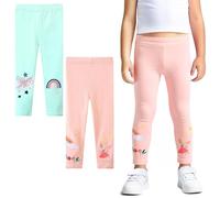 FILOWA Leggings Niña Algodón Elásticos Pantalones 2-Pack Unicornio Arco Iris Bordado Mallas Largo Cintura Alta Pantalón Casual Trousers Baile Primavera Verano Ropa para Niños 6-7 Años, Azul Rosa