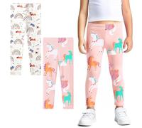 FILOWA Leggings Niña Algodón Elásticos Pantalones 2-Pack Unicornio Arco iris Estampados Legging Largo Cintura Alta Pantalón Casual Trousers Baile Primavera Verano Ropa para Niños 6-7 Años, Blanco Rosa