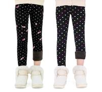FILOWA Leggings Térmicos para Niña 2-Pack Forro Polar Pantalones Infantiles Flores Estampado Negro Largos Calentitos Mallas Cálido Stretch Legging Otoño Invierno Alta Elásticos Malla para 4-5 Anos