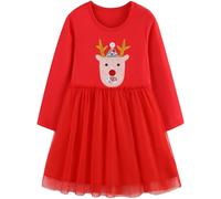 FILOWA Navidad Vestido para Niña Infantil Manga Larga Renos Bordado Tul Vestir Rojo Elegante Tutu Vestidos Algodón Ropa Primavera Otoño Fiesta Cumpleaños Disfraz Niños 5-6 años