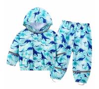 FILOWA Niño Chubasquero Impermeable con Capucha y Reflectante Chaqueta Lluvia & Pantalones Traje Azul Dinosaurio Estampado Impermeable Traje de Lluvia Conjunto Ligero Primavera Abrigos para 3-4 años