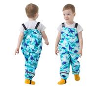 FILOWA Pantalon Impermeable Niños Pantalón Barro con Tiras Reflectantes Bolsillo Peto de Lluvia Azul Dinosaurio Dibujos Pantalón de Lluvia Transpirable Ropa Impermeable para Exterior Infantil 4 años