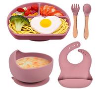 FILOWA Silicona Vajilla Bebe con Ventosa Plato y Cuenco Cuchara Tenedor Babero, 5 piezas Cubiertos Set Silicona Antideslizante Compartimentos Plato Libre BPA Kit Vajilla para Infantil Niñas,Rosa