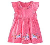 FILOWA Unicornio Vestido para Niña Algodón Mangas de Vuelo Verano Vestidos Flores Mariposas Fresa Bordado Infantil Vestido Lunares Patrón Florista Boda Cumpleaños Fiesta Niños Ropa 3-4 años, Rojo