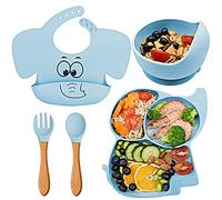 FILOWA Vajilla Bebé 5 Piezas Silicona con Ventosa Compartimentos Plato y Cuenco Tenedor Cuchara Babero Set,Antideslizante Impermeable sin BPA Aprendizaje Kit Vajilla para Infantil Niño, Azul Elefante