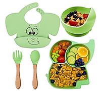FILOWA Vajilla Bebé Silicona 5 Piezas con Ventosa Plato, Elefante | Cuenco Tenedor Cuchara Babero, Sin BPA, Microonda y Lavavajilla, Portátil Aprendizaje Kit Set, Bebé Niña Niño Platos