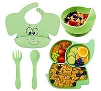 FILOWA Vajilla Bebé Silicona 5 Piezas con Ventosa Plato, Verde | Cuenco Tenedor Cuchara Babero, Sin BPA, Microonda y Lavavajilla, Portátil Aprendizaje Kit Set, Bebé Niña Niño Platos