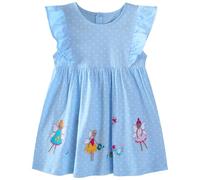 FILOWA Vestido para Niña Algodón Mangas de Vuelo Verano Vestidos Duende Flores Mariposas Bordado Infantil Vestido Lunares Patrón Casual Primavera Cumpleaños Fiesta Escuela Niños Ropa 5-6 años, Azul