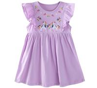 FILOWA Vestido para Niña Algodón Mangas de Vuelo Verano Vestidos Unicornio Flores Fresa Bordado Infantil Vestido Animal Patrón Casual Primavera Cumpleaños Fiesta Escuela Niños Ropa 3-4 años, Morado