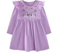 FILOWA Vestido para Niña Algodón Mangas Largas Primavera Vestidos Unicornio Flores Fresa Bordado Infantil Vestido Animal Patrón Casual Otoño Cumpleaños Fiesta Escuela Niños Ropa 5-6 años, Morado
