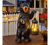 Filteilect Estatua de farol solar de oso negro para jardín, adornos de resina al aire libre con madre y oso bebé, luz solar para decoración de patio o patio