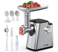 FIMEI Picadora de Carne Eléctrica, 4 en 1 Máquina Picadora Carne con 3 Placas, 2 Cuchillas, 3 Embutidores, Moule à kibbe, Accesorio Galletas, Función Inversa, Base de Acero Inoxidable y Antideslizante