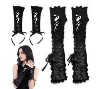 FIMJEP Pack de 2 Pares de Guantes de Encaje Negro, Calentadores de Brazos Estilo Punk y Goth, Mangas Largas para Cosplay, Halloween y Conciertos, Accesorios de Disfraz para Mujer y Niña