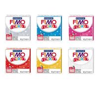 FIMO kids glitter clay, 6 bloques en blanco, dorado, rojo, rosa, azul y plateado, 42 g cada uno, arcilla super suave que endurece al horno para niños con efecto de brillo