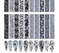 FIMWOLZ 20 láminas de transferencia holográfica, láminas láser de encaje blanco y negro, pegatinas autoadhesivas para uñas, pegatinas de lámina de uñas, decoración de manicura DIY