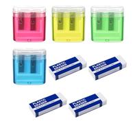 FIMWOLZ 4 Pcs Sacapuntas con Recipiente Doble Agujero Portátiles Uso Doméstico y Escolar Incluye 4 gomas de borrar blancas