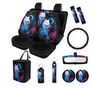 Finagallathe Fundas de asiento delantero y trasero con estampado de flores de lobo con funda para volante, almohadillas para cinturón de seguridad, cubierta de espejo retrovisor, bolsa de basura