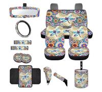 Finagallathe Juego completo de fundas de asiento de coche con estampado de libélula, juego completo de fundas de asiento delantero y trasero con funda para volante, protector de espejo retrovisor