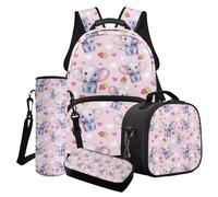 Finagallathe Juego de 4 mochilas infantiles para niñas, mochilas de vuelta a la escuela con fiambrera, estuche para lápices, bolsa para botella de agua, Rosa y gris - Elefante fresa Love, Juego de