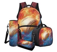 Finagallathe Juego de mochila escolar para niños, mochila escolar 4 en 1 con lonchera y estuche para lápices, juego de mochila de regreso a clases, Naranja y azul - Fire Baseball, Juego de mochila