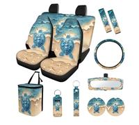 Finagallathe Paquete de 13 fundas de asiento de coche con estampado de tortuga marina para asientos delanteros y traseros con funda para volante, protector de espejo retrovisor de coche, almohadillas