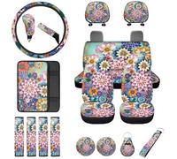 Finagallathe Paquete de 18 fundas bohemias para asiento de coche con funda para reposacabezas, funda universal para volante de automóvil, consola central, cojín para cinturón de seguridad, portavasos