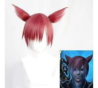 Final Fantasy 14 Cosplay Wig the Crystal Exarch Short Red Gradient Role Play Hair Wig for Halloween Party + Free Wig Cap Wig and Ears