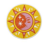 Finally Home Parche Ropa Retro con Diseño de Sol y Luna para Planchar, Diseño de Estrellas, Vintage, Parche Redondo, Parche Amarillo y Naranja