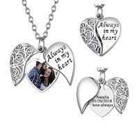 FindChic Alas de Ángel con Foto Plateado Collar Personalizado Corazón con Medallón Hombre Colgante con Caja de Regalo