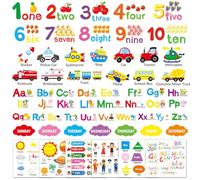 FindFunFine Calcomanías de pared con números del alfabeto, 12 hojas de aprendizaje educativo de color, calcomanías de pared para despegar y pegar, calcomanías de pared con forma de sistema solar para