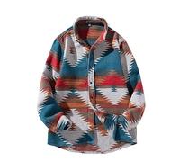 FindThy Camisa de Franela cepillada para Hombre, Estampado étnico Azteca, con Botones, Solapa Tribal, Chaqueta, Azul Blanco, Medium