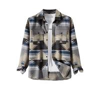 FindThy - Camisa de franela cepillada para hombre, estampado étnico azteca, con botones, solapa tribal, chaqueta, 01 Gris, XXX-Large