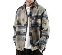 FindThy, Camisa de franela cepillada para hombre, estampado étnico azteca, con botones, solapa tribal, Gris, Large