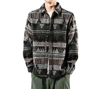 FindThy, Camisa de franela cepillada para hombre, estampado étnico azteca, con botones, solapa tribal, Negro -, X-Large