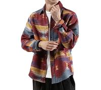 FindThy, Camisa de Franela cepillada para Hombre, Estampado étnico Azteca, con Botones, Solapa Tribal, Rojo -, Large