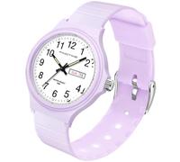 findtime Reloj analógico de pulsera educativa para niños, niño, niña, fácil de aprender a leer la hora con retroiluminación LED, morado, correa