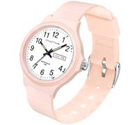 findtime Reloj analógico de pulsera educativa para niños, niño, niña, fácil de aprender a leer la hora con retroiluminación LED, rosa, correa