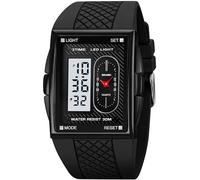 findtime Reloj de pulsera digital de cuarzo para hombre, rectangular, militar, reloj digital con despertador, fecha, niño, exterior, deportivo, luz LED, cronómetro, negro y blanco, Correa